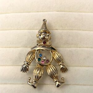 JJ Jonette Clown Jester Rhinestone Gold Vintage Brooch Pin 1986 Circus Whimsical